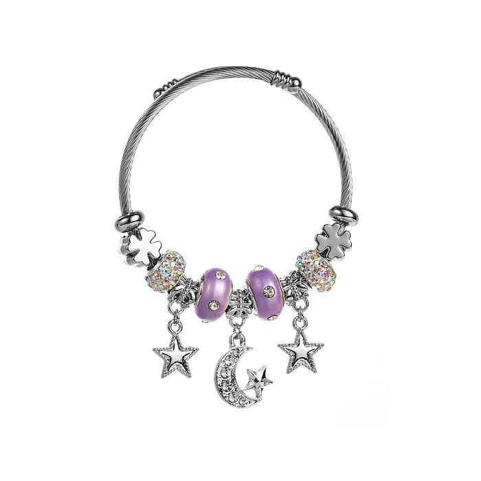 Bracelet en alliage d'acier inoxydable, élégant et mignon pentagramme lune, incrustation de perles et strass, vente en gros