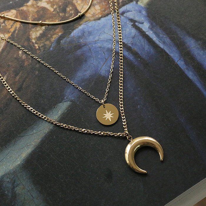 Pendentif lune étoile à huit branches, Bracelet en acier titane à trois couches, collier, vente en gros de bijoux