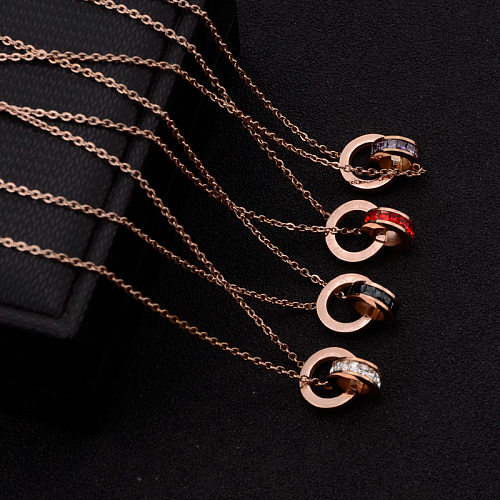 Collier pendentif élégant et simple avec numéro de cercle et incrustation en acier inoxydable en zircon plaqué or 18 carats