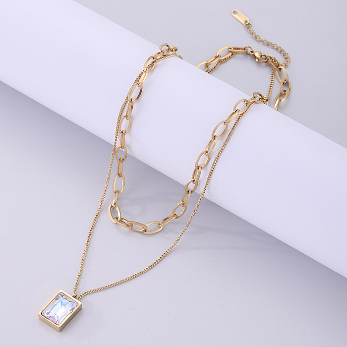 Fashion Square Stainless Steel  Plating Inlay Zircon 18K Gold Plated Double Layer Necklaces