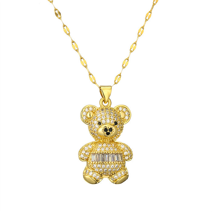 Collier pendentif mignon petit ours de Style dessin animé, en acier inoxydable, placage de cuivre, incrustation de Zircon plaqué or