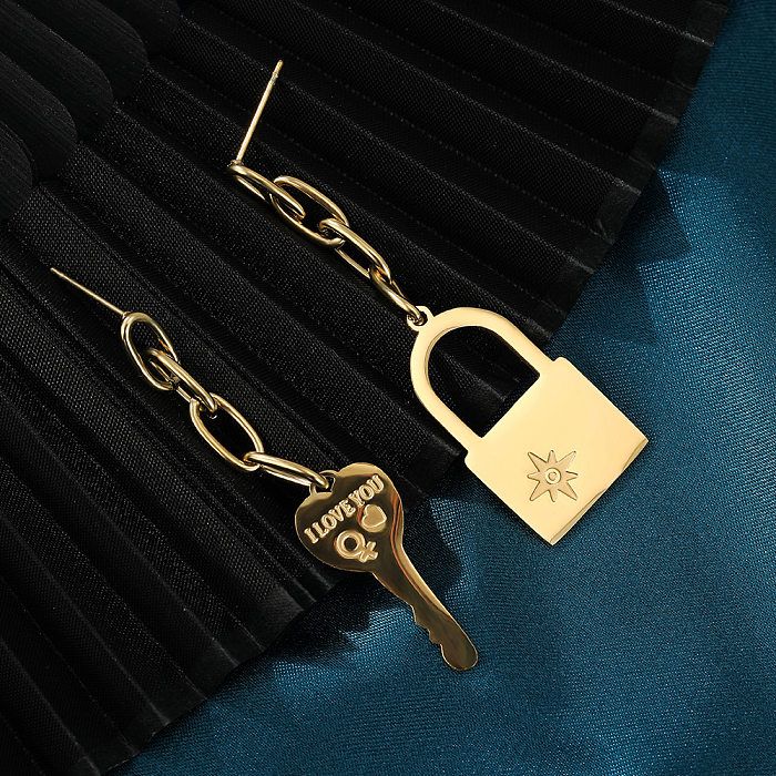 Fashion New Key Lock Stainless Steel  Long Earrings Asymmetric Stainless Steel Earrings