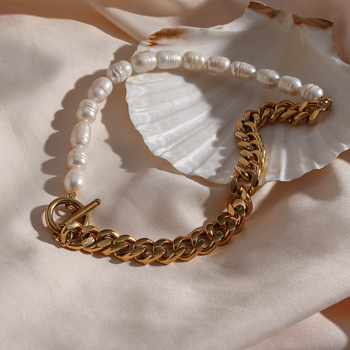 Modische Perlenkette mit dickem Halsband aus Edelstahl