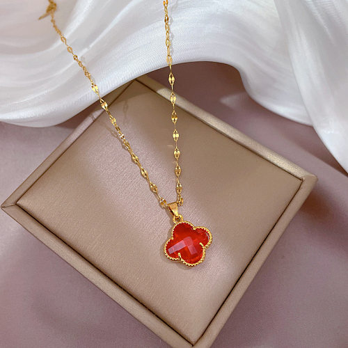 Vintage Style Flower Stainless Steel Plating Inlay Artificial Gemstones Gold Plated Pendant Necklace
