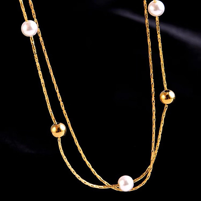 Geometrische Edelstahl-Halsketten im schlichten Stil, vergoldete Perlen-Edelstahl-Halsketten