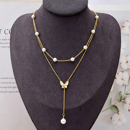 Mehrschichtige Halsketten im französischen Retro-Schmetterlingsstil mit künstlichen Perlen aus Edelstahl mit 18-Karat-Vergoldung