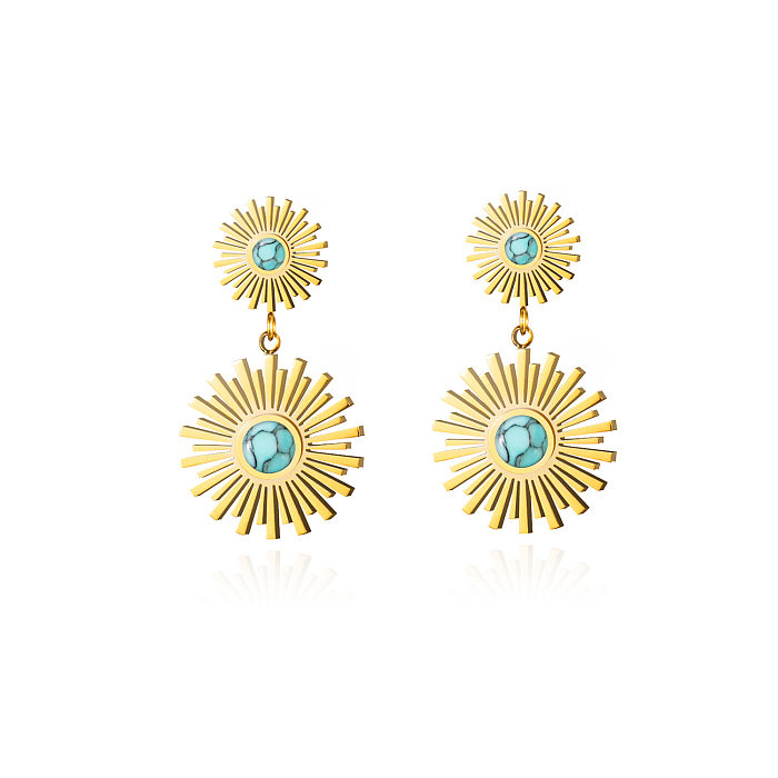 Boucles d'oreilles pendantes Turquoise, Style Simple, fleur, placage en acier inoxydable, incrustation, 1 paire