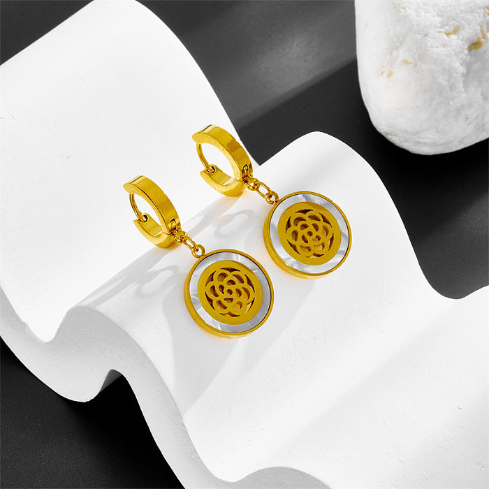 1 Paar IG-Stil, geometrische, hohle Inlay-Ohrringe aus Edelstahl mit künstlicher Kristallmuschel