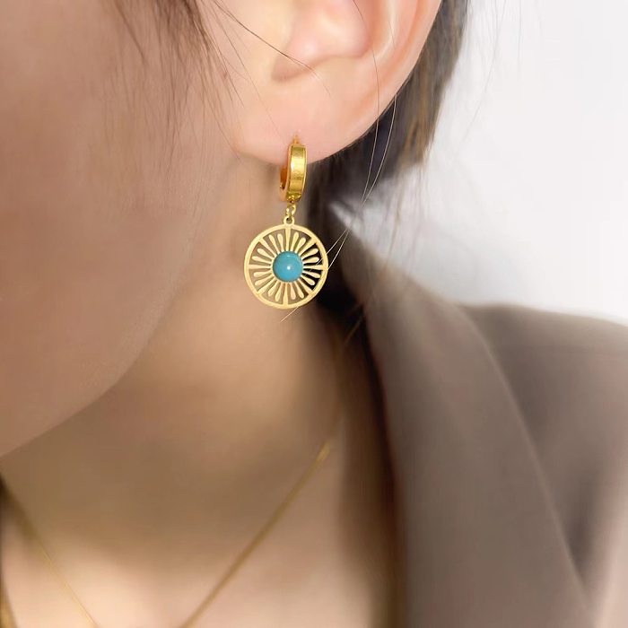 1 paire de boucles d'oreilles plaquées or 18 carats, Style Simple, incrustation de couleur unie, en acier inoxydable, Turquoise