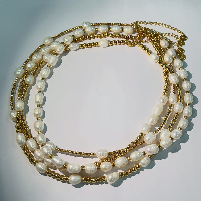 IG Style Sweet Oval Stainless Steel  Freshwater Pearl Beaded Handmade 18K Gold Plated Necklace
