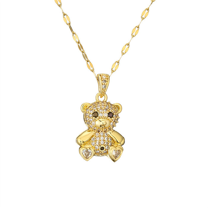 IG Style Cute Little Bear Stainless Steel  Copper Plating Inlay Zircon Gold Plated Pendant Necklace