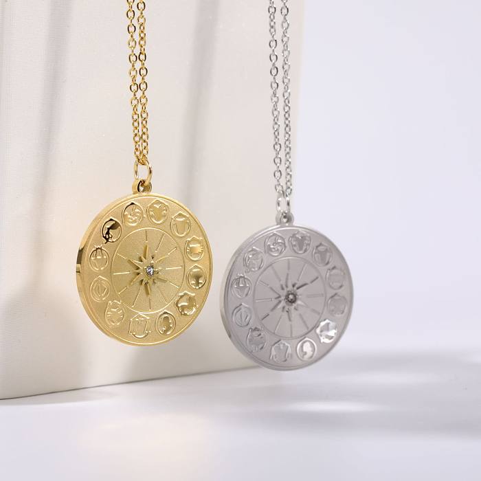 Casual Retro Round Constellation Stainless Steel  Plating Inlay Zircon 18K Gold Plated Pendant Necklace