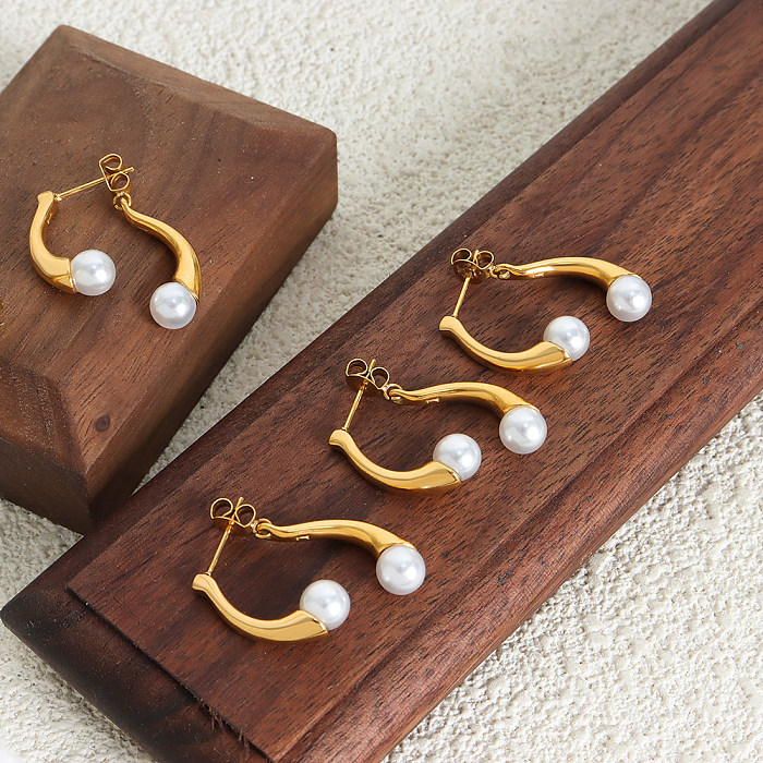 1 par de pendientes elegantes chapados en oro de 18 quilates de acero inoxidable con perlas de imitación de Color sólido estilo barroco elegante