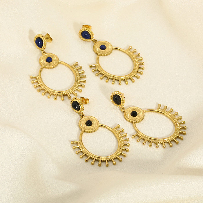 1 paire de boucles d'oreilles pendantes plaquées or 18 carats, Style Vintage, incrustation ronde en acier inoxydable, pierre naturelle
