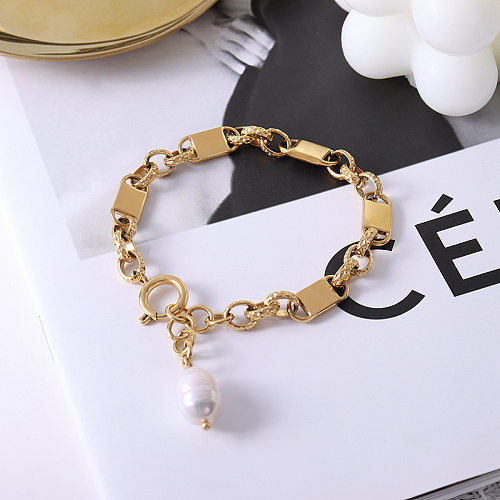 Bracelet de perles d'eau douce plaqué or 18 carats, titane et acier, vente en gros
