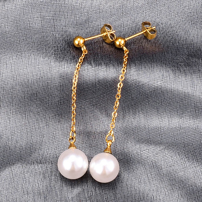 jewelry Fashion Round Bead Pearl Long Tassel Stainless Steel Earrings Wholesale Jewelry