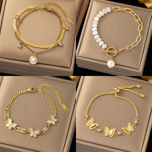 Lady Butterfly Titanium Steel Plating Inlay Freshwater Pearl Bracelets