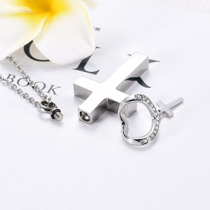 Simple Style Cross Stainless Steel Plating Inlay Artificial Diamond Pendant Necklace