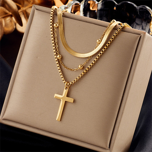 Vintage Style Cross Stainless Steel Gold Plated Layered Necklaces 1 Piece