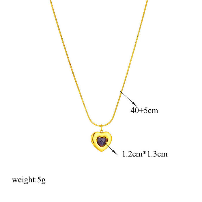 Retro Heart Shape Stainless Steel Plating Inlay Opal 18K Gold Plated Pendant Necklace