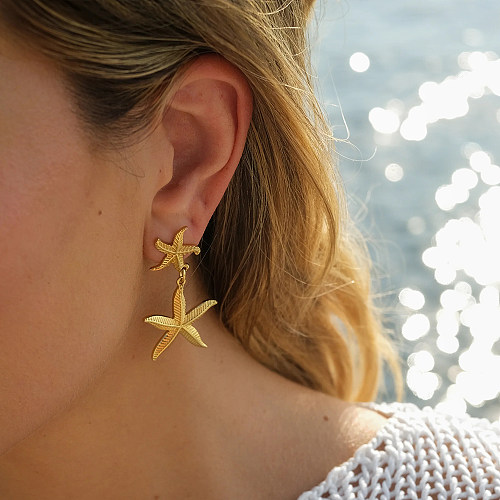 1 paire de boucles d'oreilles pendantes en acier inoxydable plaqué or 18 carats, Style IG Simple, étoile de mer