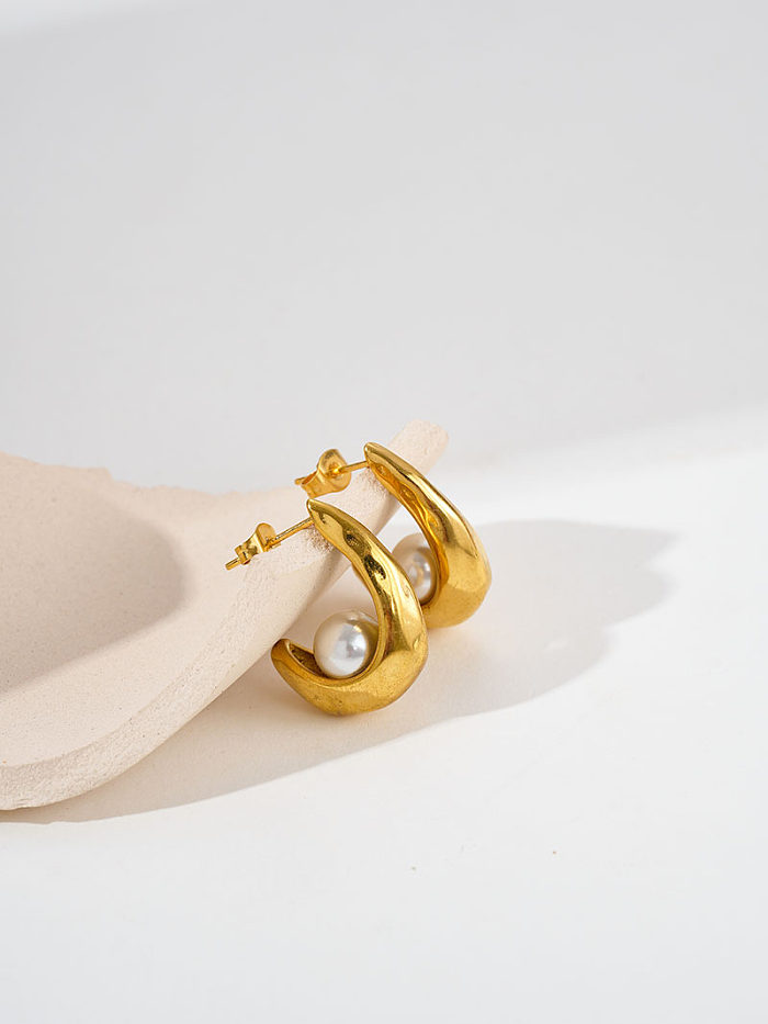 1 paire de boucles d'oreilles plaquées or en forme de U, Style moderne, trajet artistique, incrustation de perles en acier inoxydable
