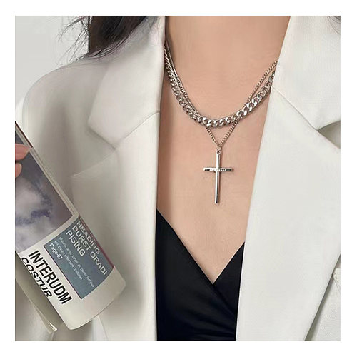 1 Piece Hip-Hop Cross Card Stainless Steel  Plating Layered Necklaces