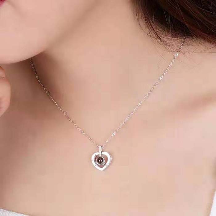Fashion Heart Shape Stainless Steel Plating Hollow Out Inlay Zircon Pendant Necklace 1 Piece