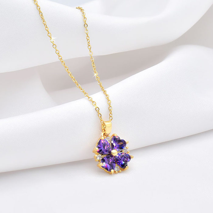 Simple Style Four Leaf Clover Stainless Steel Inlay Zircon Pendant Necklace 1 Piece