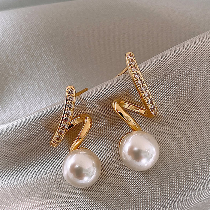 1 Pair Simple Style Solid Color Stainless Steel  Artificial Pearl Inlay Zircon Earrings