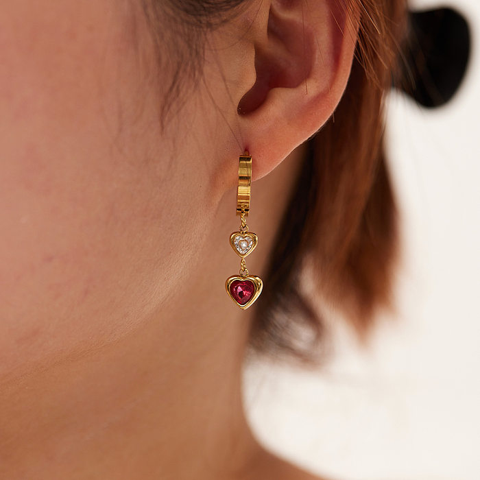 1 paire de boucles d'oreilles élégantes rétro géométriques en forme de cœur, incrustation de placage en acier inoxydable et Zircon
