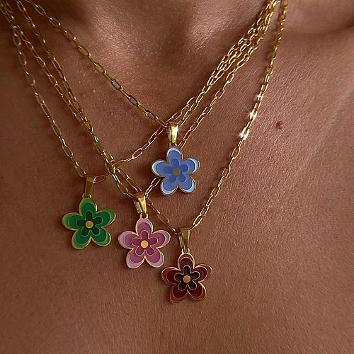 Sweet Flower Stainless Steel Enamel Pendant Necklace