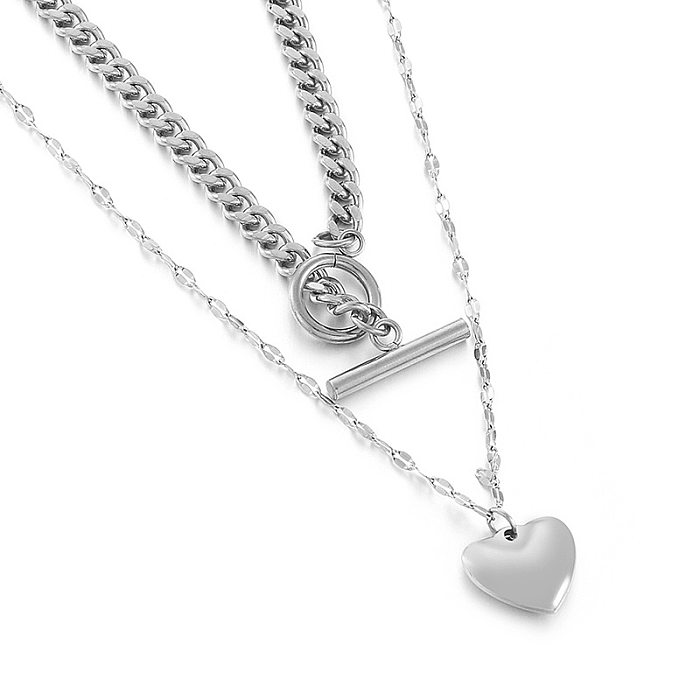 Venta al por mayor de joyería de collar de acero inoxidable de doble capa con cadena gruesa colgante en forma de corazón