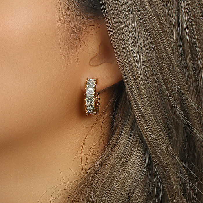 Boucles d'oreilles luxueuses en acier inoxydable en forme de C, placage de Zircon, boucles d'oreilles en acier inoxydable