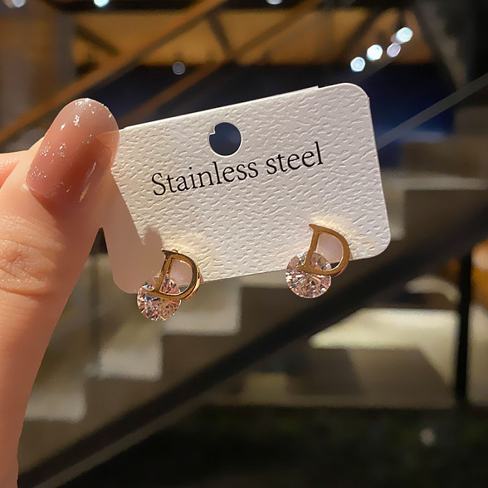 Fashion Letter Flower Stainless Steel Plating Zircon Ear Studs 1 Pair