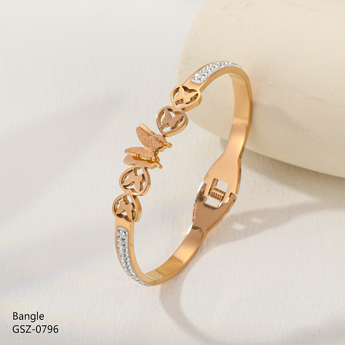 Simple Style Flower Butterfly Stainless Steel Plating Inlay Rhinestones Zircon Rose Gold Plated Gold Plated Bangle