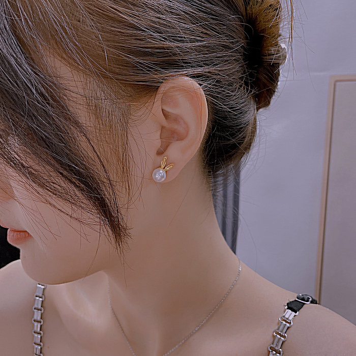 1 paire de perles artificielles en acier inoxydable, incrustation de perles de Style Simple et mignon, clous d'oreilles