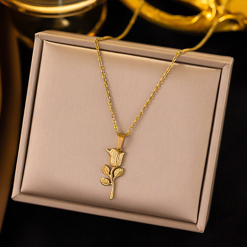 Sweet Flower Stainless Steel Plating Inlay Artificial Pearls Artificial Diamond Shell Pendant Necklace