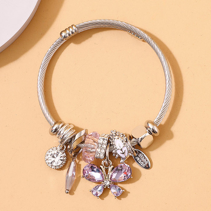 Fashion Butterfly Stainless Steel Beaded Inlay Glass Bangle 1 Piece