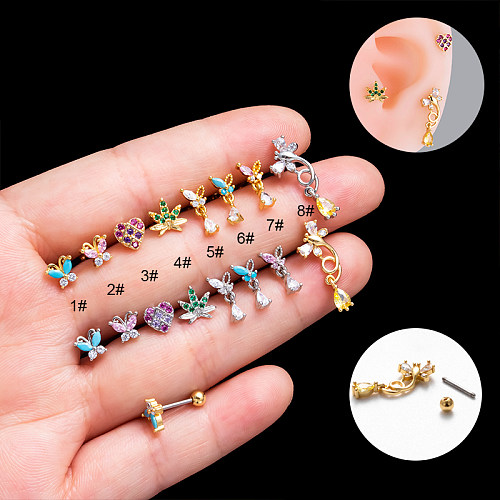 1 Piece Vintage Style Simple Style Korean Style Heart Shape Butterfly Plating Inlay Stainless Steel  Zircon 18K Gold Plated Ear Studs