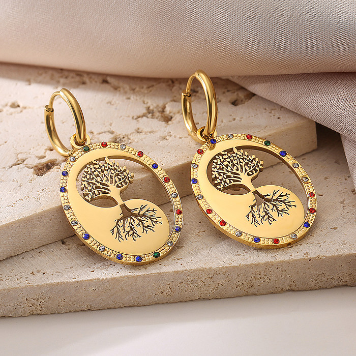 1 Pair Vintage Style Lucky Tree Stainless Steel Plating Inlay Zircon 18K Gold Plated Drop Earrings