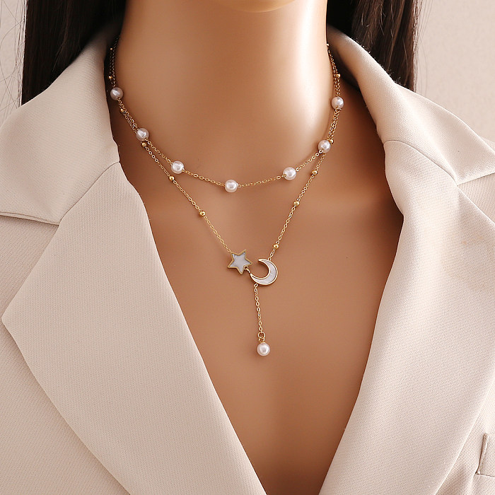 Collier avec pendentif en acier inoxydable, fleur de trajet, imitation de perles, placage de pampilles