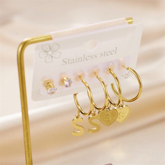 3 Pairs Simple Style Letter Asymmetrical Stainless Steel  Zircon 18K Gold Plated Drop Earrings