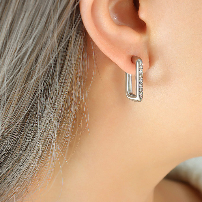 Boucles d'oreilles créoles carrées en acier inoxydable, Style ethnique, incrustation de Zircon, 1 paire