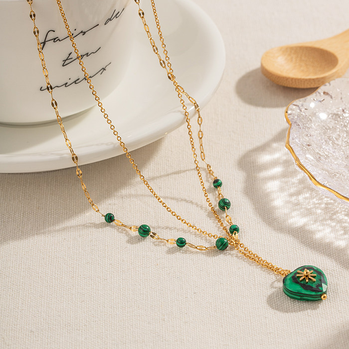 IG-Stil, legere Halskette in Herzform, Edelstahl, Naturstein, Perlenbeschichtung, 18 Karat vergoldet, mehrschichtige Halsketten