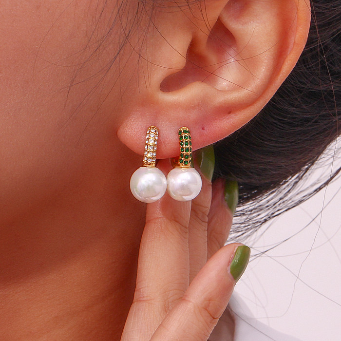 1 Paar geometrische Ohrringe im französischen Stil mit Edelstahlbeschichtung, künstlichen Perlen, Zirkon und 18 Karat vergoldet