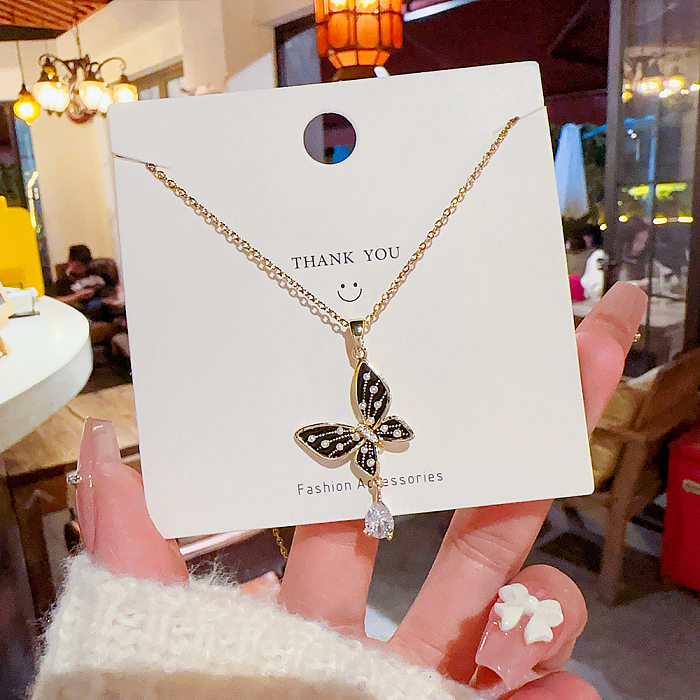 Basic Sweet Water Droplets Butterfly Stainless Steel Plating Inlay Artificial Pearls Zircon Gold Plated Pendant Necklace