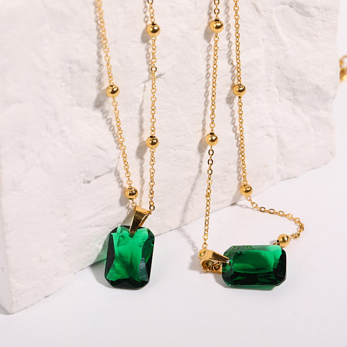 Mode Retro Smaragd Intarsien Zirkon Anhänger Naturstein Edelstahl Halskette