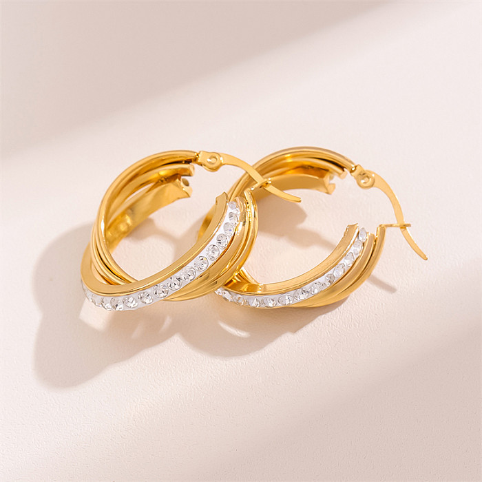 1 Pair Retro Simple Style C Shape Round Plating Inlay Stainless Steel  Rhinestones 18K Gold Plated Hoop Earrings