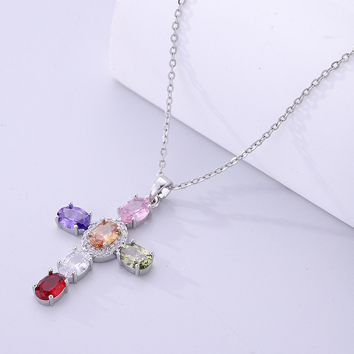 Streetwear Cross Stainless Steel  Copper Plating Inlay Zircon Silver Plated Pendant Necklace